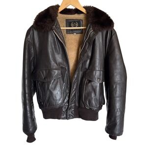 Aberdeen Vintage Brown Leather Flight Jacket Sherpa Lined Faux Fur Collar 42